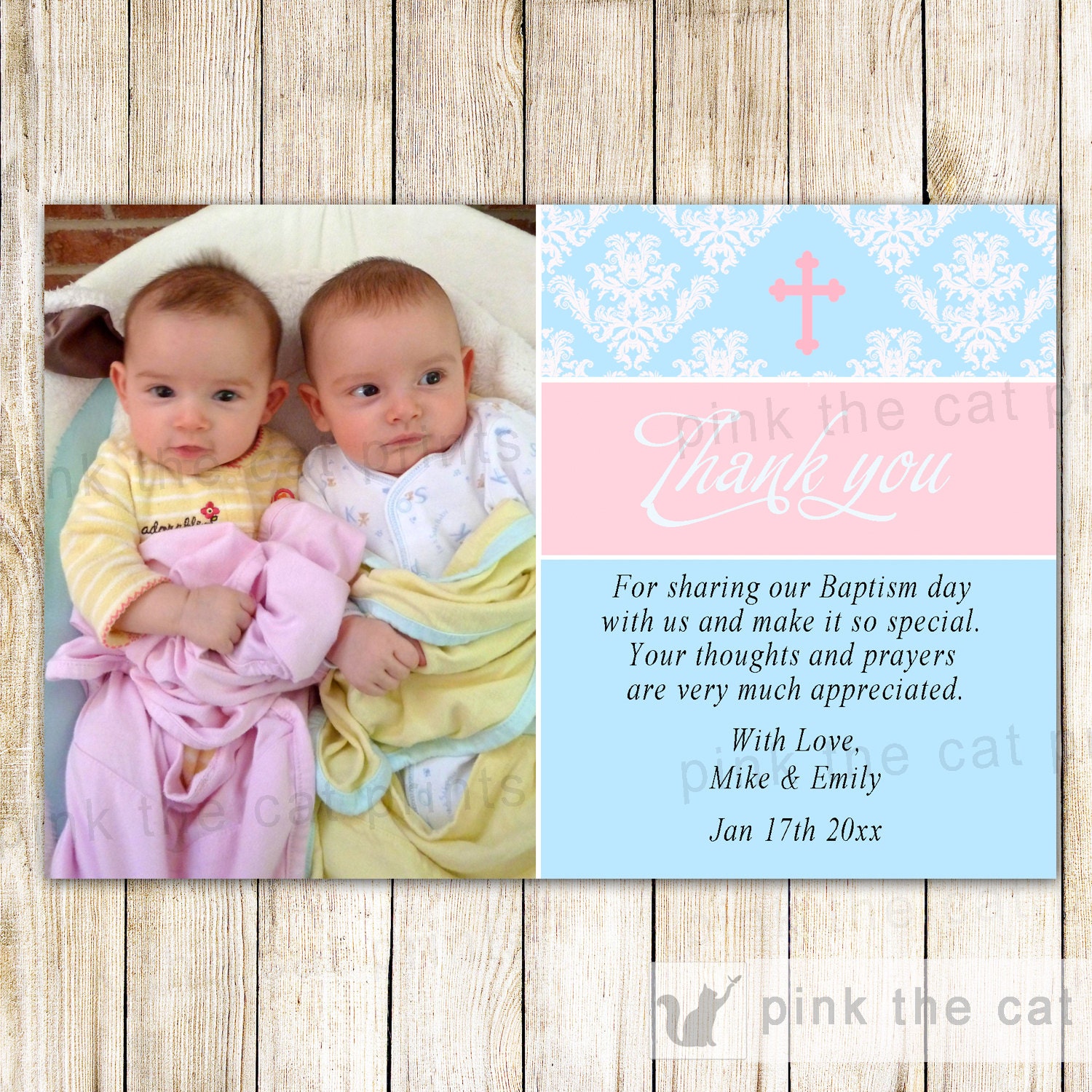 Twins Baptism Thank You Card Notes Girl Boy Pink Blue Etsy