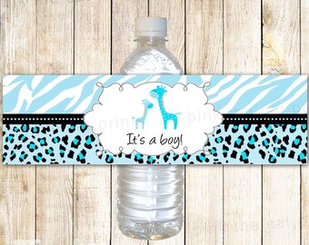 Giraffe Bottle Label For Baby Boy Shower Blue Turquoise Printable INSTANT DOWNLOAD