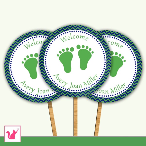 Printable Personalized Navy Blue Green Chevron Baby Feet Cupcake Toppers - Boy Girl Unisex Baby Shower Various Colors Available Cute