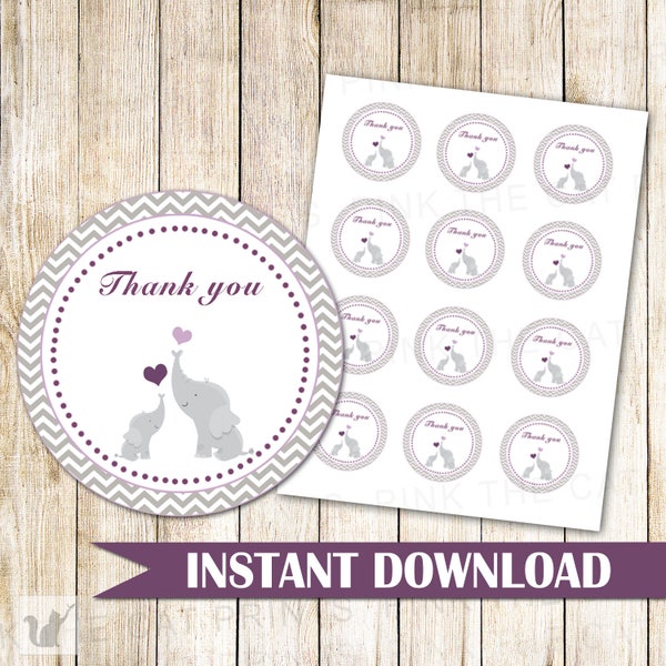 Elephant Favor Labels Grey Purple Chevron Gift Favor Thank You Tag Baby Girl Shower Party Decoration Printable Stickers INSTANT DOWNLOAD