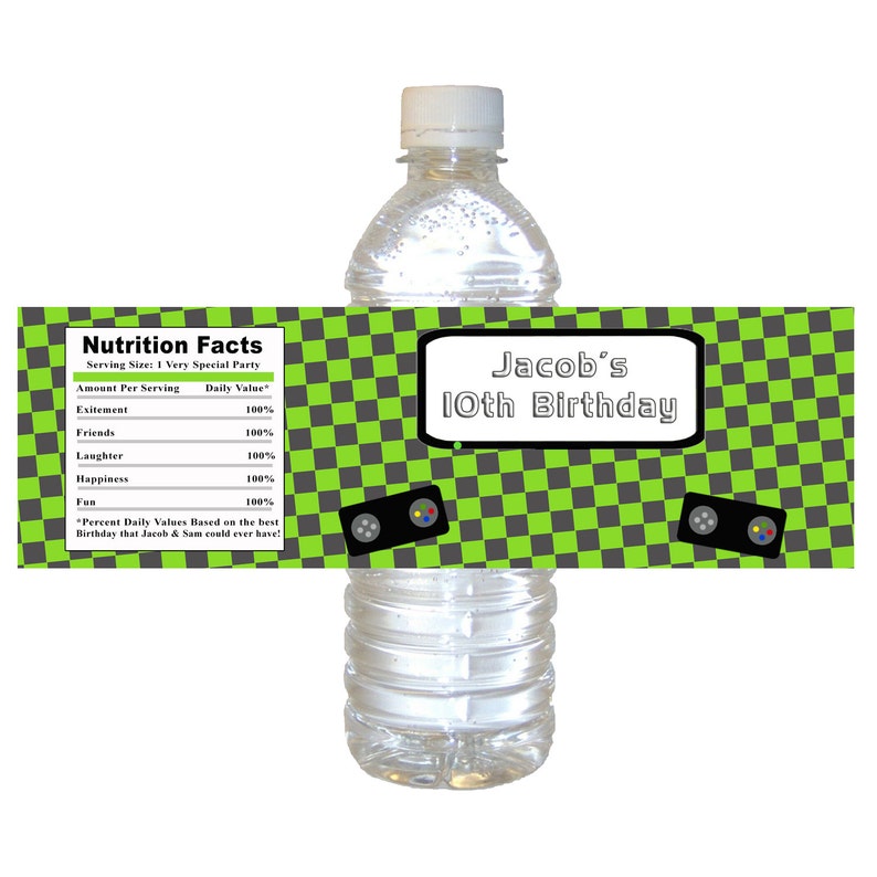 Printable Personalized Boy Video Game Water Bottle Labels Wrappers Green Checkered Birthday Decorations Party Favors Custom Party Items image 1