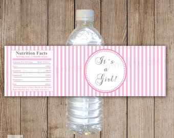 Baby Shower Bottle Labels Baby Shower Bottle Wrappers - Its a Girl Printable White Pink Stripes Lines Wraps INSTANT DOWNLOAD