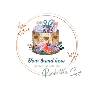 Sewing or crafter personalized logo, tools in basket craftere logo, premade logo with glitter and shinny