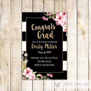 Girl Graduation Invitation Black White Gold Invitation Floral Graduation Party Invitation Printable Invitation Black White Glitter Gold Card