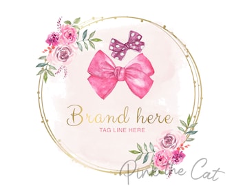 Hair bow logo for your etsy shop website girl bows or hair bow boutique, watercolor logo design, pink and gold logo
