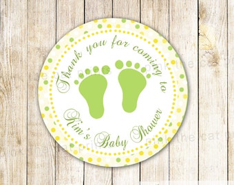 Yellow Green Gift Favor Labels or Tags - Baby Feet Unisex Girl Boy Shower Polka Dots Printable Personalized Items