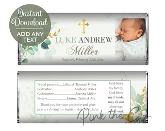 Personalisierte Unisex Taufe Candy Bar Wrappers mit Foto Grün und Gold, einzigartige Gäste Gastgeschenke für jede religiöse Feier
