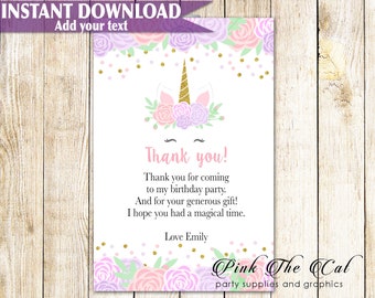 Unicorn Thank You Cards, Unicorn Birhday Party Thank You Note,  Unicorn Baby Shower Thank You Note, Printable Card Template INSTANT DOWNLOAD