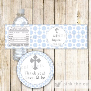 Light Blue Silver Grey Favor Label Tag and Bottle Wrapper, Boy Baptism Christening Dedication Holy Communion Confirmation INSTANT DOWNLOAD