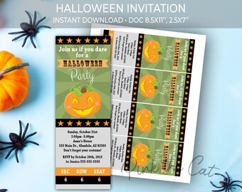 Halloween party invitation template pumpkin ticket, halloween printable invitation, virtual halloween invite instant download