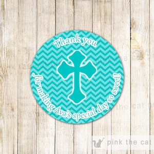Baptism Favor Labels Turquoise Christening Favor Tags Girl Dedication Labels Boy Communion Labels Personalized Favor Label Thank You Sticker