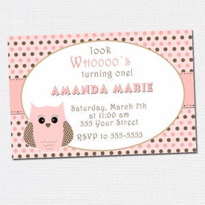 Owl Birthday Invitation or Baby Girl Shower Card - Custom Any Age or Color 1st Birthday Party Invite Printable File Personalized for Kids