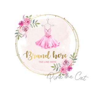 Girl Dress logo for your etsy shop website girl dresses or kids boutique, watercolor logo design, pink and gold logo