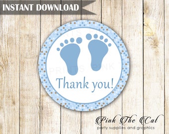 Circle baby shower favors, baby shower thank you labels template, brown blue labels for baby shower thank you tags boys INSTANT DOWNLOAD