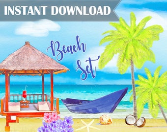 Beach Watercolor Clipart Templates Beach Digital Background Paper Clip Art Beach Bridal Shower Beach Wedding Beach Birthday INSTANT DOWNLOAD