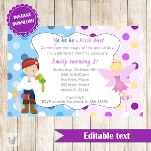 May include: A birthday party invitation with a pirate and a fairy. The invitation is for Emily's 5th birthday party. The party is on Saturday, October 5th from 5:00 to 8:00 pm at The Party Place, 555 Main Street, Miami FL 33166. The invitation says "Yo ho ho & Pixie dust" and "Can't fly? RSVP or walk the plank to 555-55555".