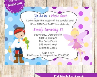 Fairy and Pirate Invitation - Printable Kids Birthday Party Invites Girl Boy Editable File INSTANT DOWNLOAD