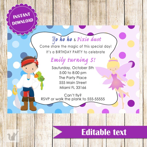 Fairy and Pirate Invitation Printable Kids Birthday Party - Etsy