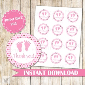 Pink Brown Baby Girl Shower Gift Favor Labels Baby Girl Shower Thank You Tag Baby Feet Tags Baby Printable File Party Favor INSTANT DOWNLOAD