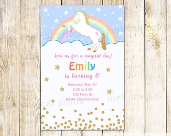 Glitter Unicorn Invitation - Unicorn Birthday Invitation Girl Unicorn Party Gold Glitter Unicorn Invitation Clouds Invite Unicorn Theme