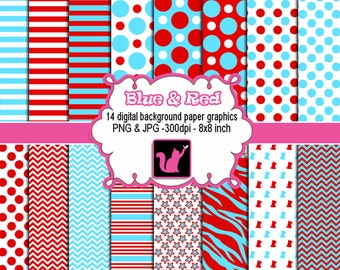 Red Turquoise Blue Clipart - Zebra Stripes Polka Dots Baby Shower Birthday Party Girl Boy Hobby Paper Graphic Design INSTANT DOWNLOAD