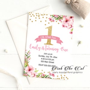 30 convites de primeiro aniversário com flores em aquarela com glitter dourado rosa personalizados (conjunto de 30), convites florais de aniversário para meninas de qualquer idade