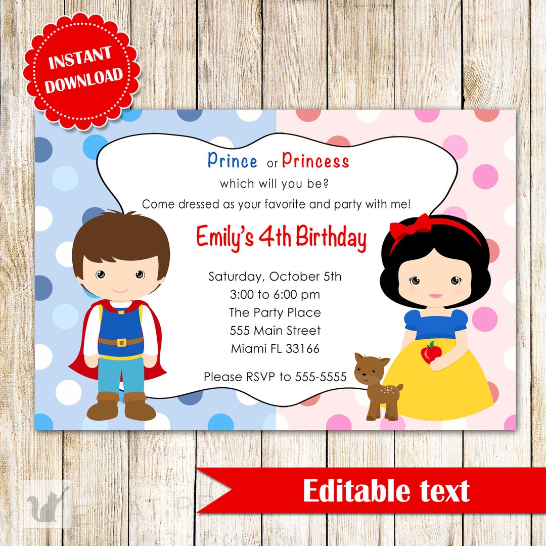 Prince and Princess Invitation - Printable Kids Birthday Party Invites Editable File INSTANT ...