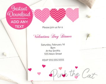 Valentines day invitation pink and red, invite with hearts for any event, editable and instant download