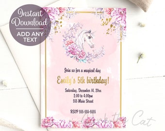 Watercolor Unicorn Invitation, Floral Unicorn Invitation, Unicorn Birthday Invitation, Girl Birthday Party Invites - Instant Download