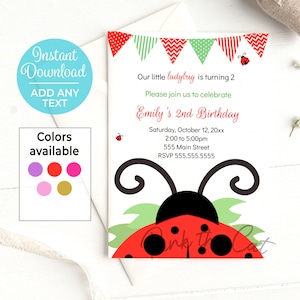 Invito coccinella per compleanno di ragazza o baby shower in diversi colori disponibili, modello di invito stampabile scaricabile immediatamente