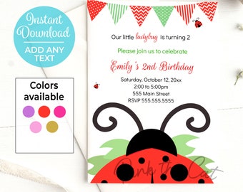 Ladybug invitation for girl birthday or baby shower different colors available, printable invite template as instant download