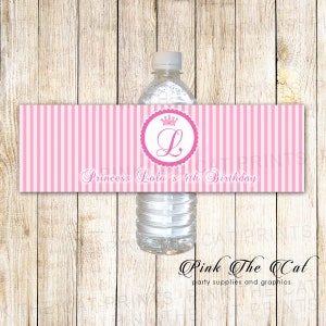 Princess Bottle Label - Princess Bottle Wrapper - Princess Birthday Bottle Sticker - Printable Pink Princess With Monogram And Crown Stripes