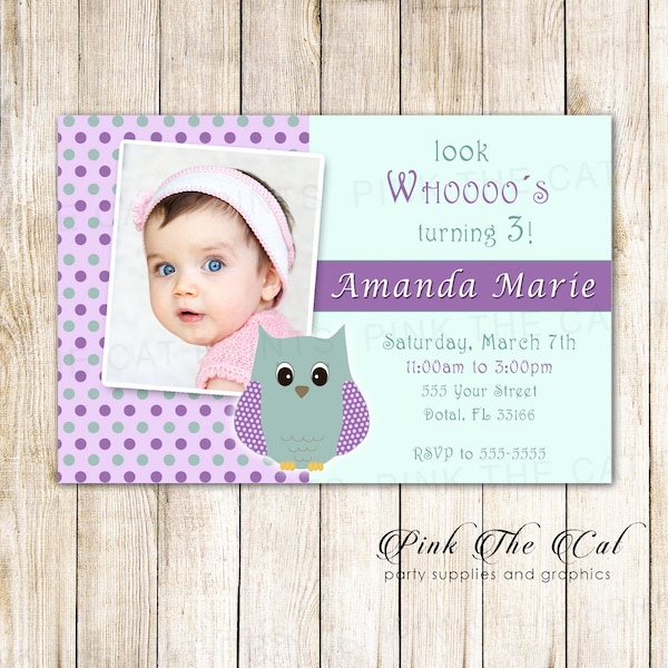 Owl Invitation, Owl Birthday Invitation With Photo For Girls, Printable Girl 1st Birthday Invitation, Purple Mint Green Birthday Party