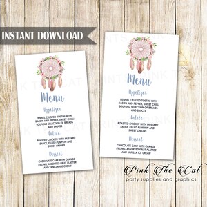 Cartão de menu de casamento Dreamcatcher - Menu de casamento Boho - Modelo de menu de casamento para impressão - Cartão de menu de casamento editável DOWNLOAD INSTANTÂNEO