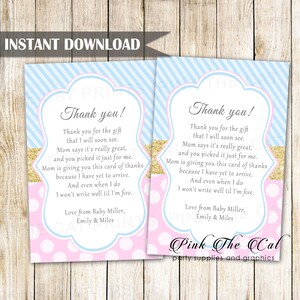 Pink Blue Thank You Card, Pink Blue Thank You Note, Gold Glitter Blue Pink Greeting Card Printable Baby Shower Thank You INSTANT DOWNLOAD