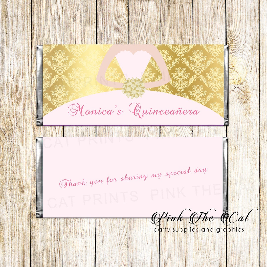 Gold Pink Candy Bar Wrapper for Sweet 16, Quinceanera Candy Bar Label ...