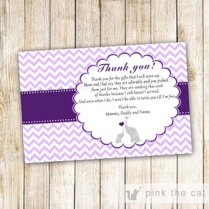 Elephant thank you card for girl baby shower purple lillac template, printable thank you notes for baby shower personalized