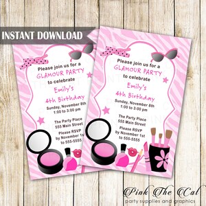 Glamour Invitation - fille anniversaire fête maquillage inviter imprimable fichier modifiable téléchargement immédiat