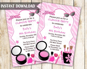 Glamour Invitation - Girl Birthday Party Makeup Invite Printable Editable File INSTANT DOWNLOAD