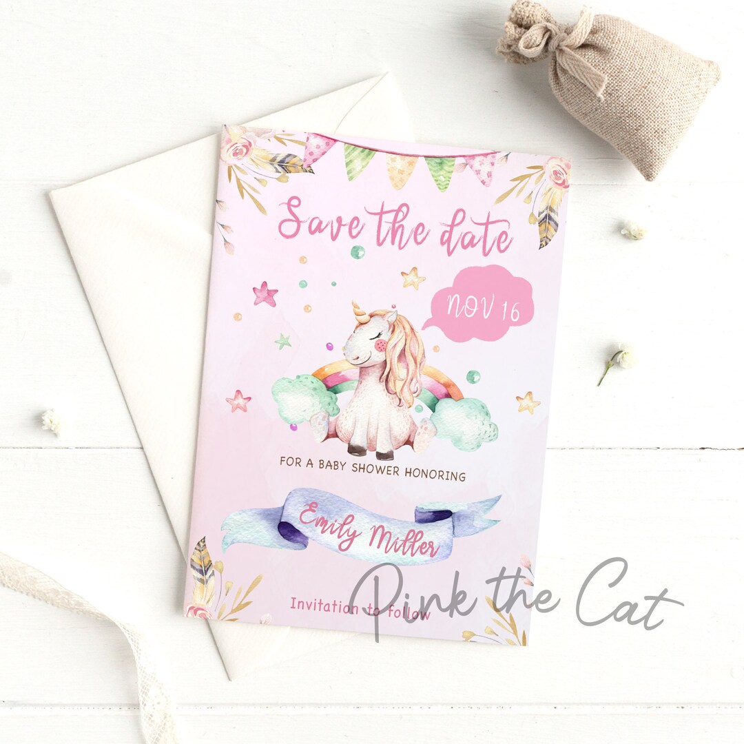 Unicorn Save the Date Cards for Baby Shower or Birthday, Watercolor Unicorn Baby Shower Save the