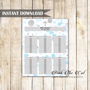 May include: A printable seating chart for a baptism with a blue and silver confetti pattern. The chart has six tables with space for names. The text at the top reads "Billy's Baptism 14th May, 20xx".