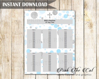 Seating Chart Boy Christening Boy Baptism First Communion Seating Chart Blank Card Silver Blue Confetti Printable Editable INSTANT DOWNLOAD