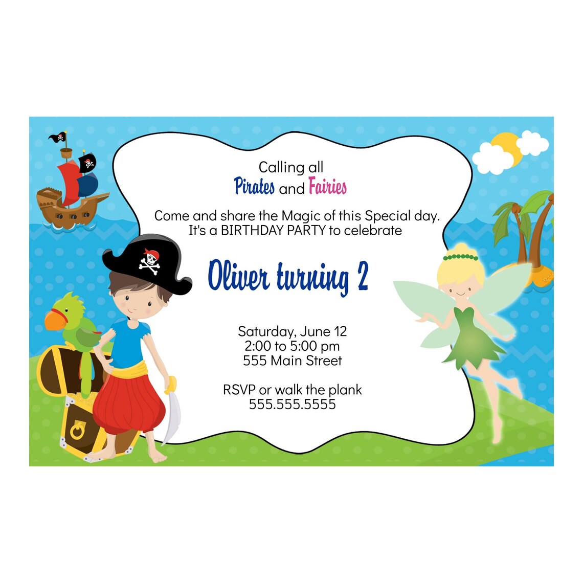 Pirate and and Fairy Invitation for Joint Girl or Boy Birthday | Etsy