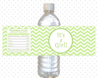 INSTANT DOWNLOAD Green Chevron Its A Girl Baby Shower Water Bottle Labels Wraps - Zig Zag Baby Shower Favors Baby Girl Shower Decorations