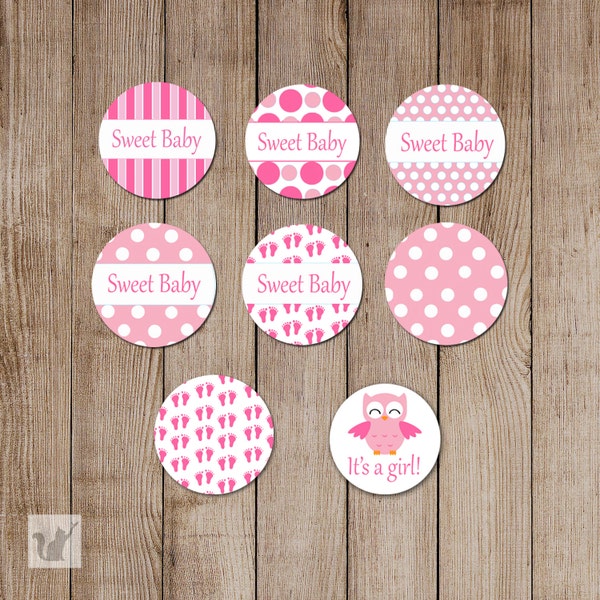 Its a girl baby shower favor labels, pink owl candy stickers, pink owl baby shower favors, printable girl candy stickers INSTANT DOWNLOAD