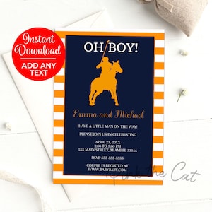 Polo Einladung, Polo Babyparty Einladung, Junge Dusche einladen, Polo Geburtstagseinladung, Polo Thema Party Orange Blau Sofort Download