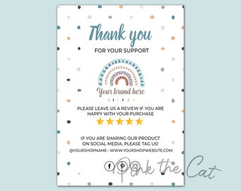 Rainbow thank you card for handmade business, boutique thank you for your order card, printable thank you card rainbow gold glitter