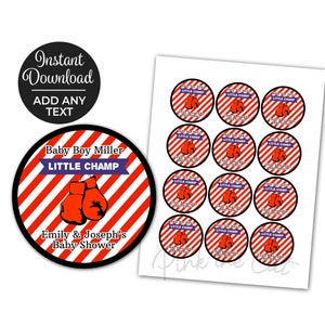 Boxing favor label for birthday party or baby shower red black and blue editable template file and instant download