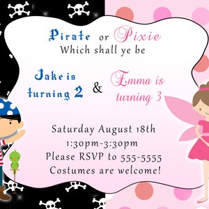 Fairy Pirate Invitation - Kids Costume Party Invite Pixie Printable ...