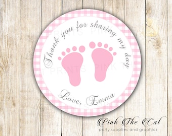 Pink Gingham Thank You Tags, Footprintt Baby Shower Favor Label, Printable Baby Feet Gift Favor Stickers, Personalized Girl Shower Labels
